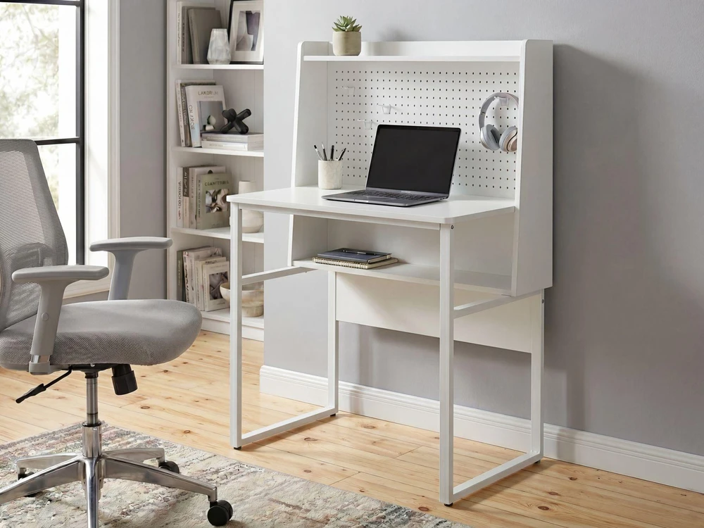 Beliani Rašomasis stalas su perforuota lenta BUXTON, baltas, 84 cm x 48 cm