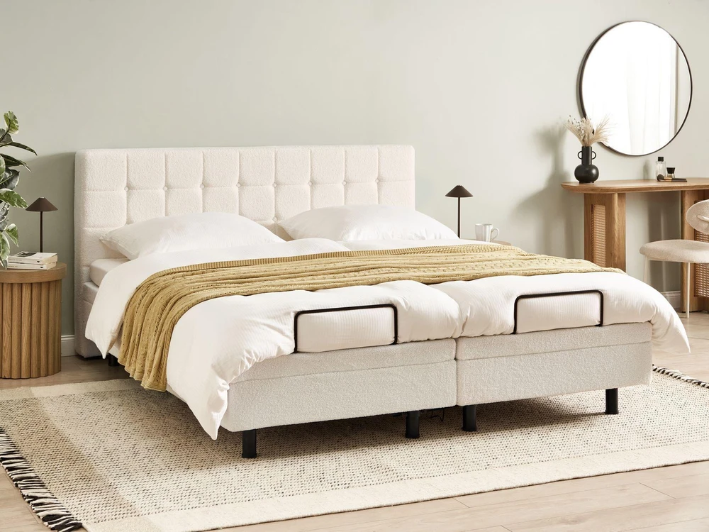 Beliani Reguliuojama lova Boucle DUKE 180 x 200 cm, kreminė balta