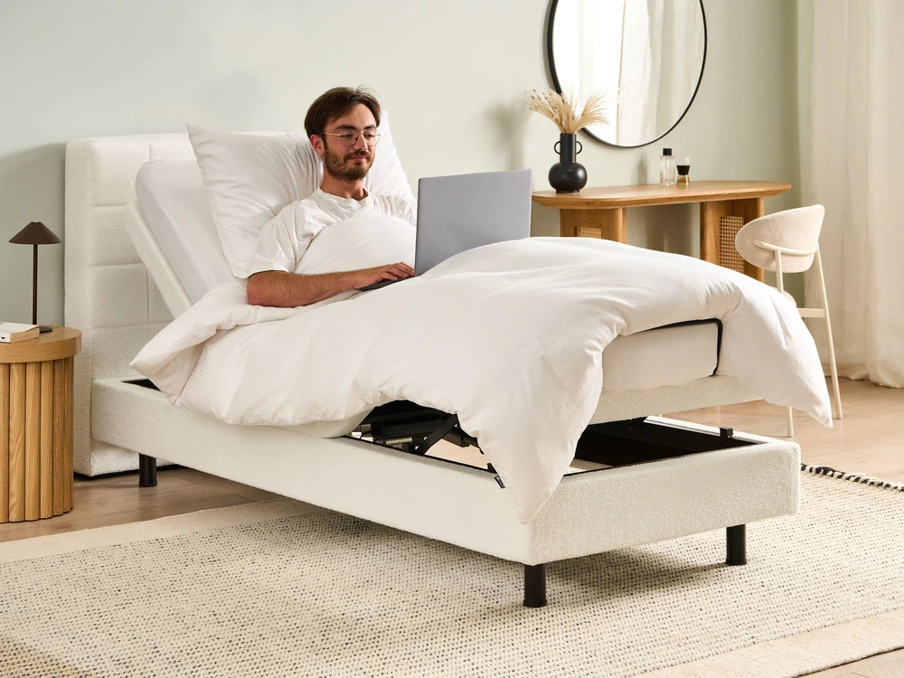 Beliani Reguliuojama lova DUKE 80 x 200 cm, boucle audinys, balta
