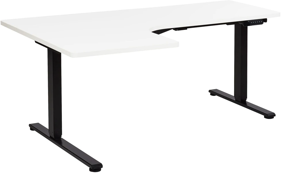 Beliani Reguliuojamo aukščio kampinis rašomasis stalas DESTINES baltas/juodas 160 cm 109 cm kairinis