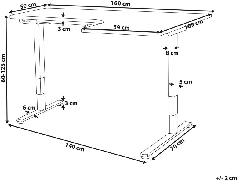 Beliani Reguliuojamo aukščio kampinis stalas DESTINES Juodas/baltas 160 cm 109 cm Dešininis
