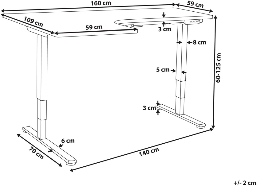 Beliani Reguliuojamo aukščio kampinis stalas DESTINES Baltas 160 cm 109 cm kairinis