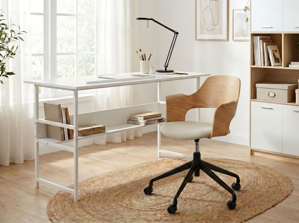Beliani Reguliuojamo stalviršio braižymo stalas ORAN baltas 140 cm 60 cm