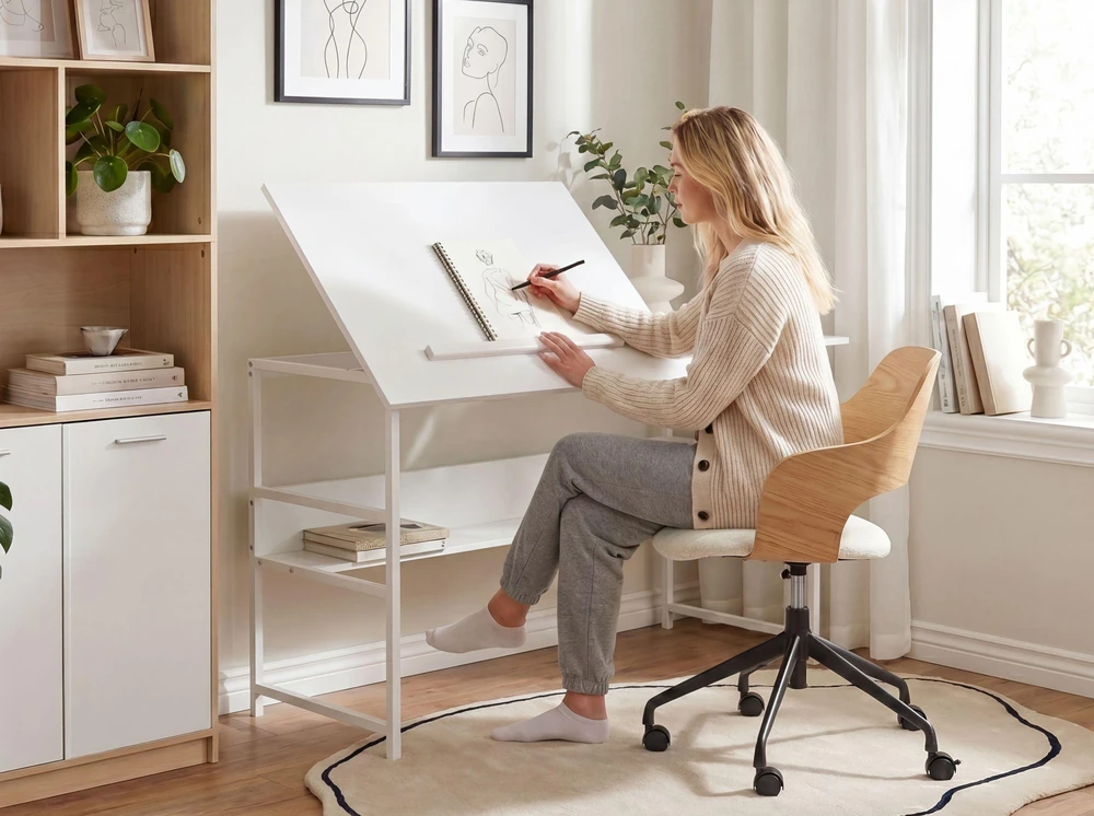 Beliani Reguliuojamo stalviršio braižymo stalas ORAN baltas 140 cm 60 cm