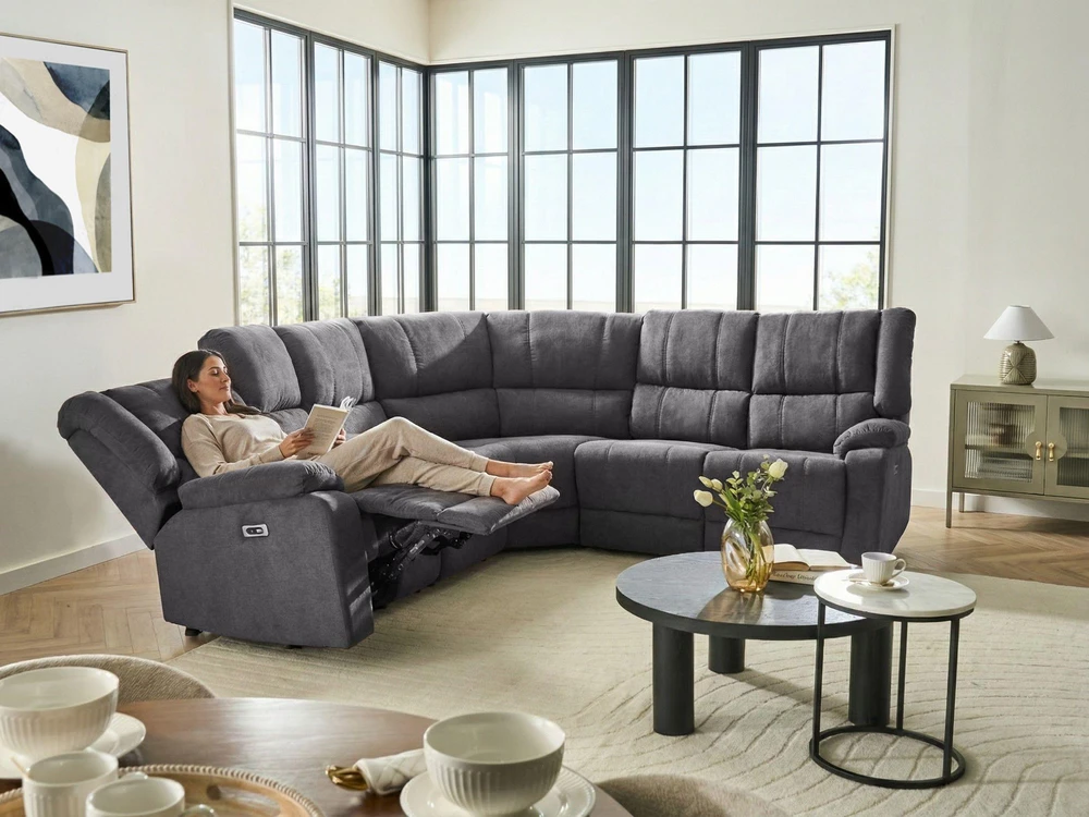 Beliani ROKKE kampinė sofa su elektrine relaksacijos funkcija 5 asmenims, USB jungtimi, tamsiai pilka, kairinė