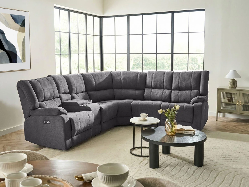 Beliani ROKKE kampinė sofa su elektrine relaksacijos funkcija 5 asmenims, USB jungtimi, tamsiai pilka, kairinė