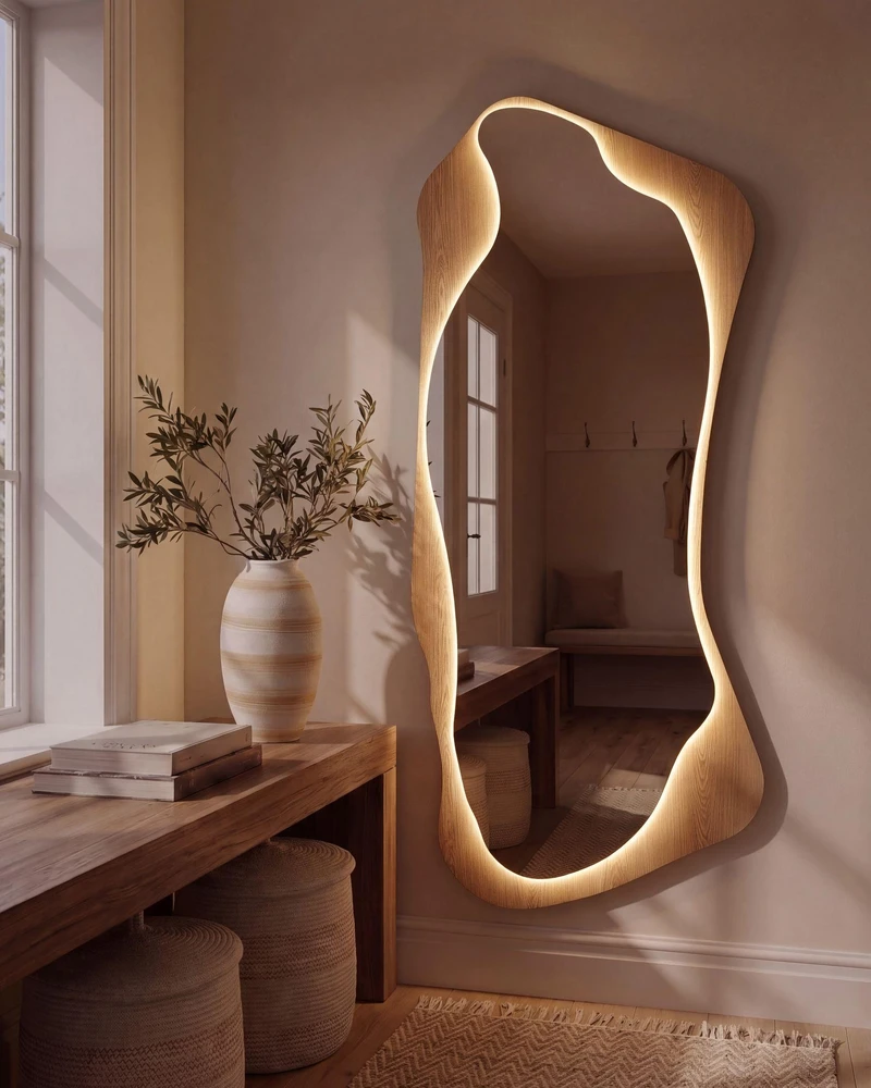 Beliani Sieninis veidrodis LAMBLORE, 58 × 171 cm, šviesiai rudas, su LED apšvietimu
