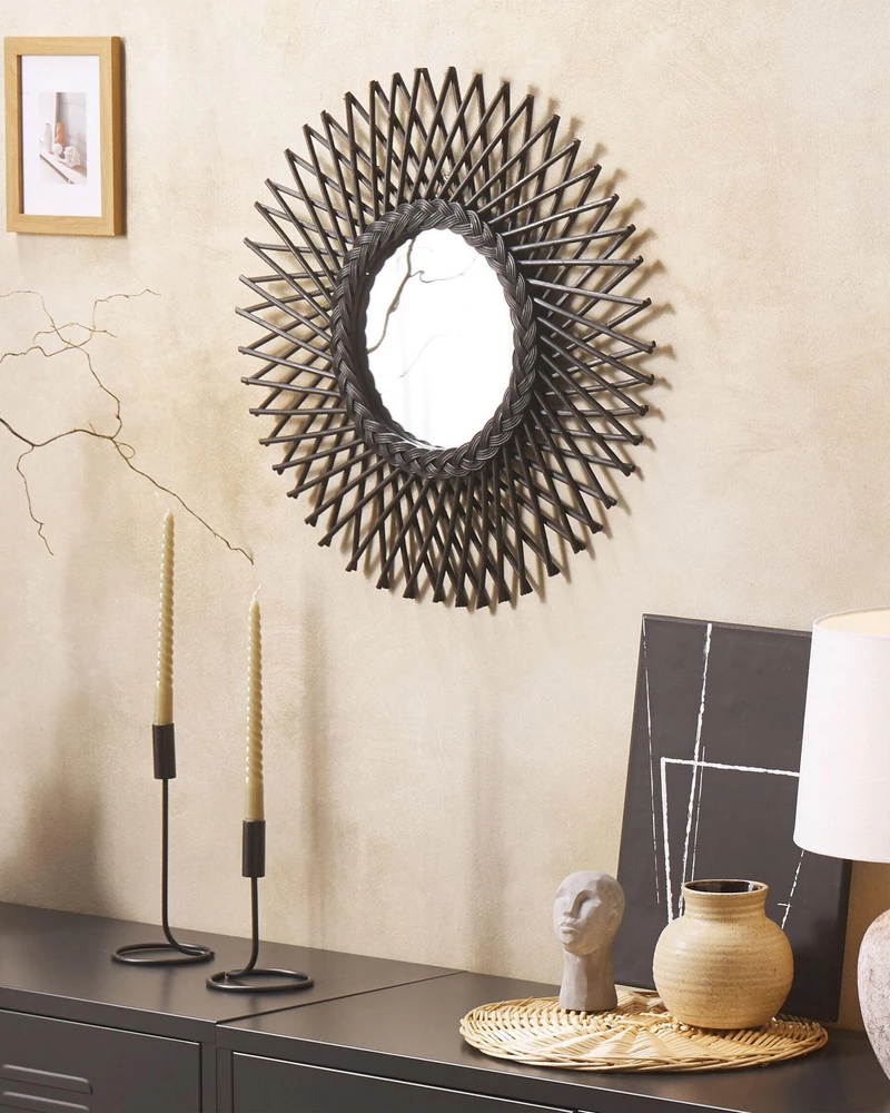 Beliani Sieninis veidrodis TAGOLU 60 cm Rattan Juodas