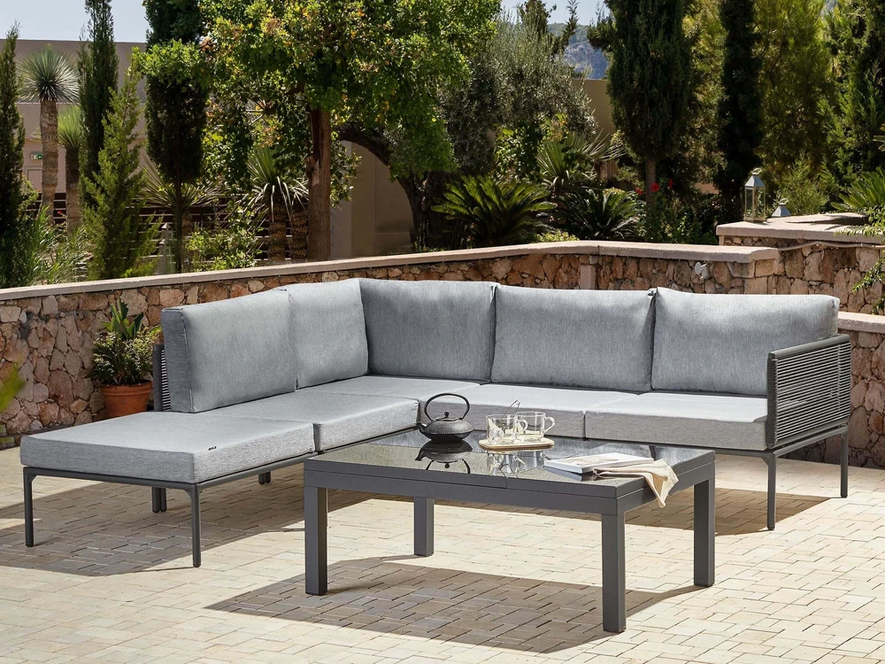 Lauko baldų komplektas Beliani Sodo kampinė sofa su staliuku 6 asmenims FORANO pilka metalinė