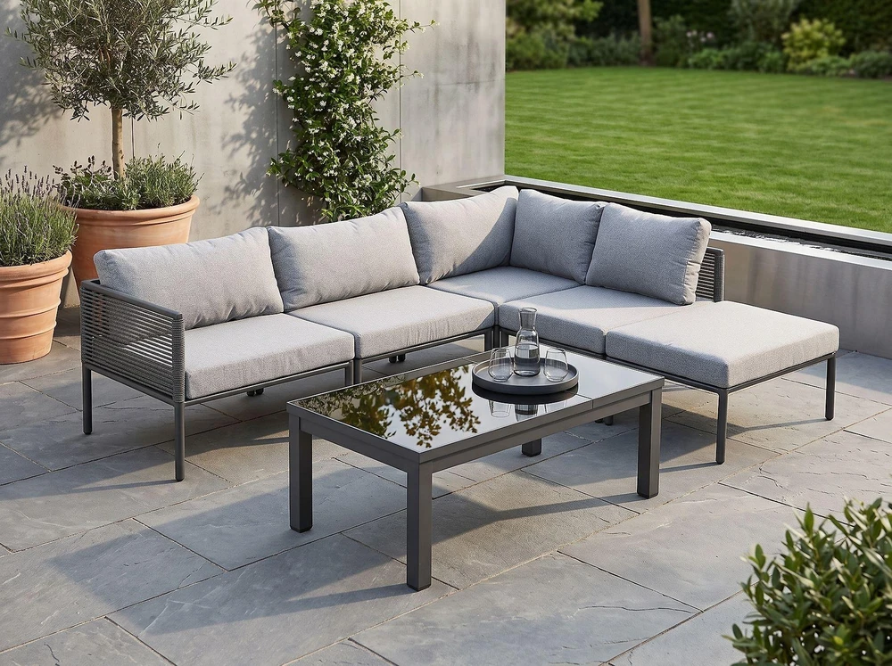 Lauko baldų komplektas Beliani Sodo kampinė sofa su staliuku 6 asmenims FORANO pilka metalinė