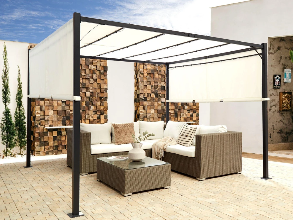 Beliani Sodo pavėsinė LED PARGA metalinė 310 cm x 310 cm smėlio spalvos