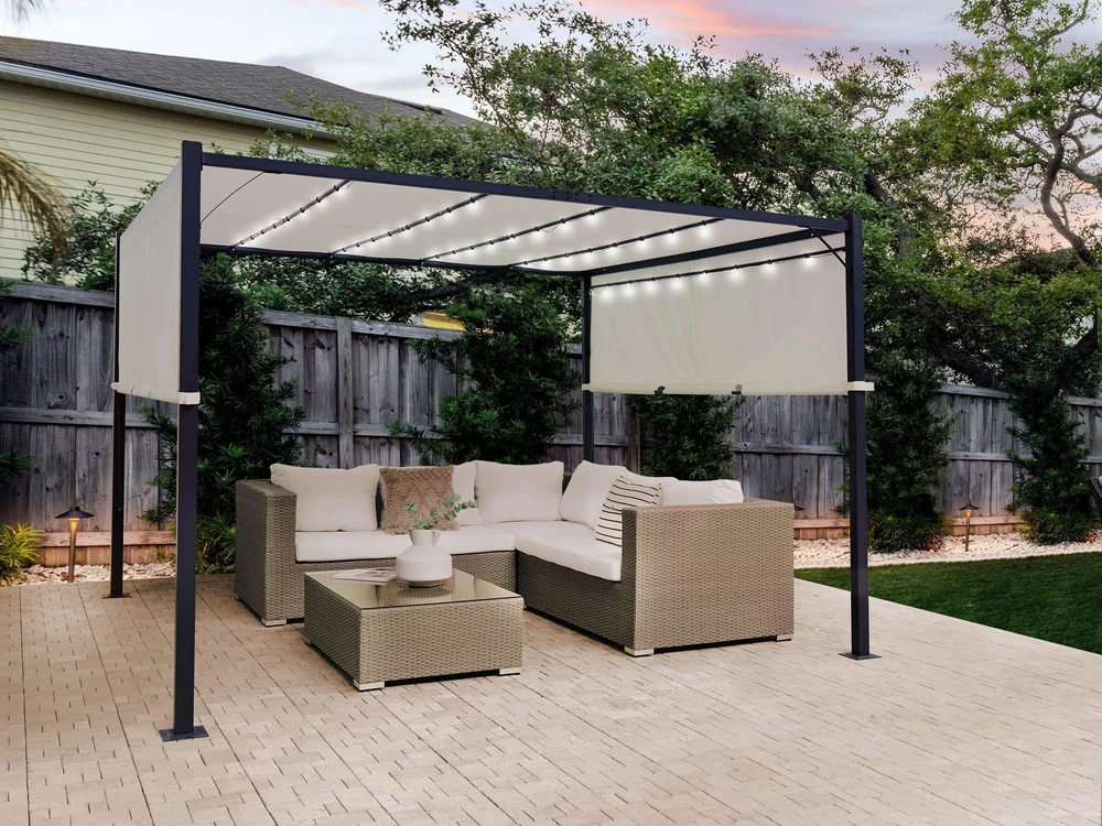 Beliani Sodo pavėsinė LED PARGA metalinė 310 cm x 310 cm smėlio spalvos