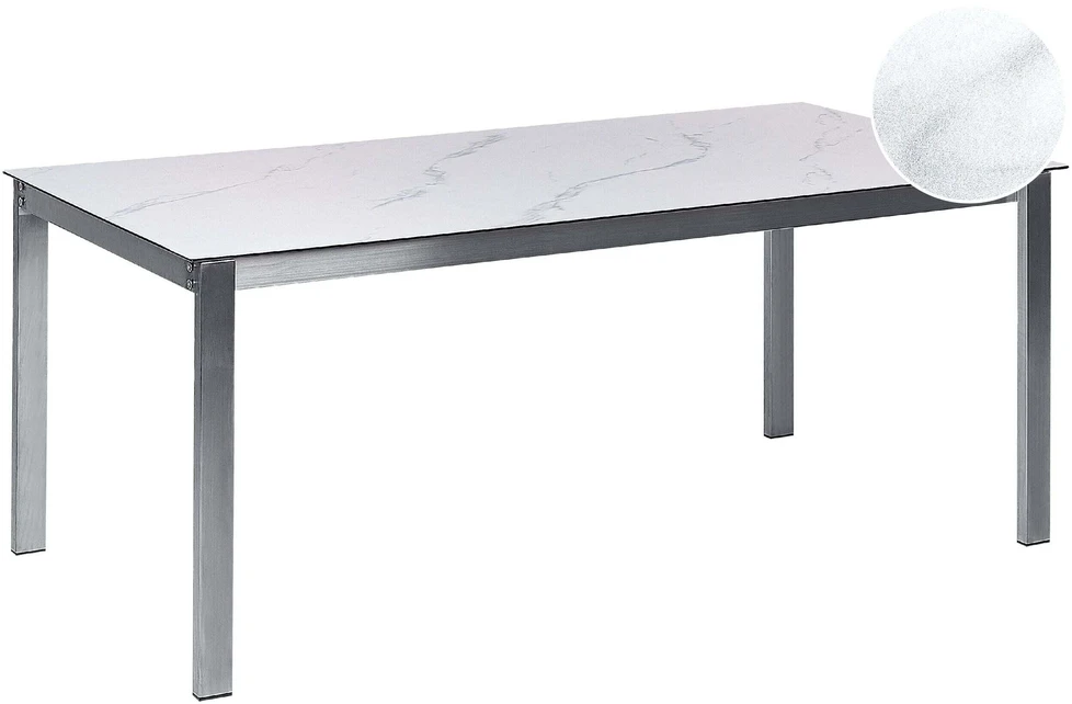 Beliani Sodo stalas COSOLETO 180 cm 90 cm Marmuro efektas Stiklas Baltas