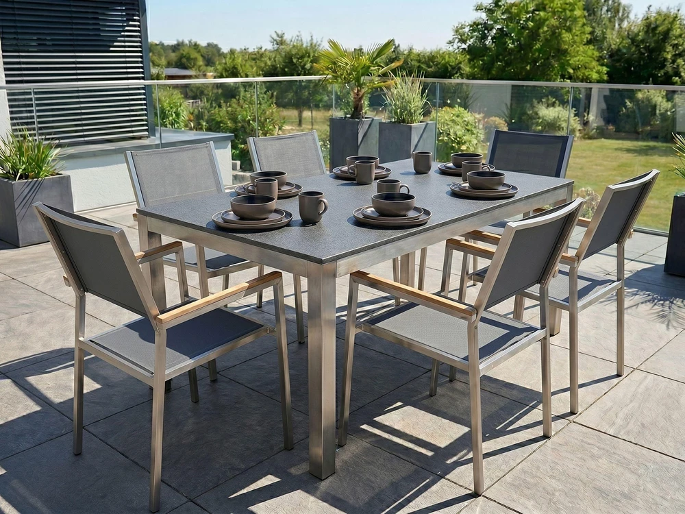 Beliani Sodo stalas GROSSETO 180 cm 90 cm poliruotas granitas pilkas