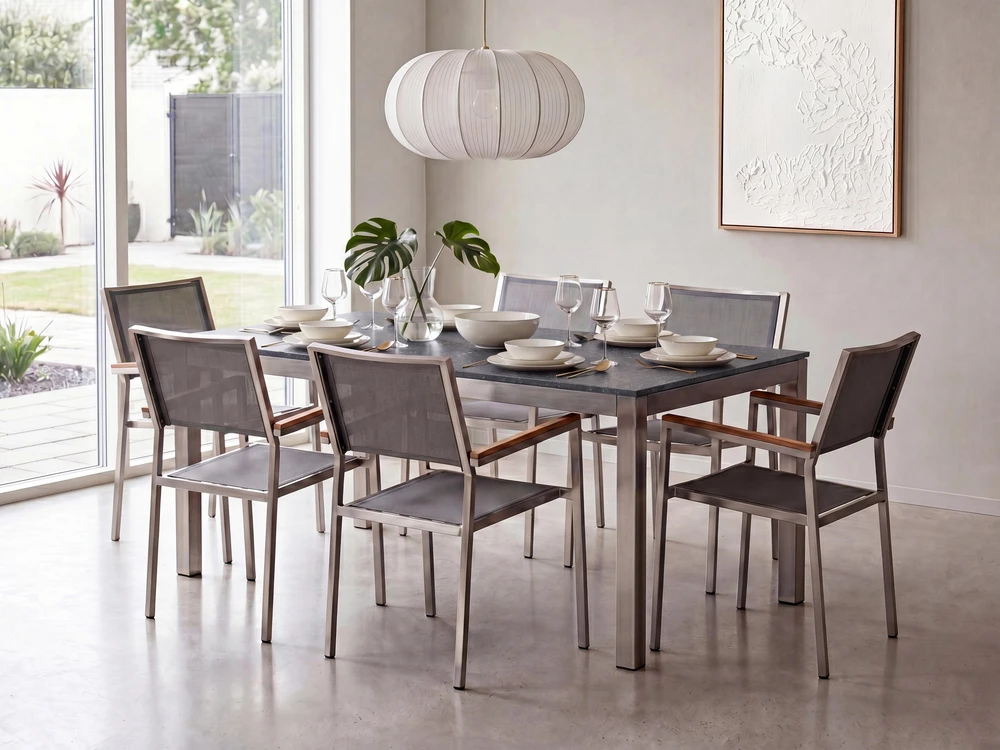 Beliani Sodo stalas GROSSETO 180 cm 90 cm poliruotas granitas pilkas