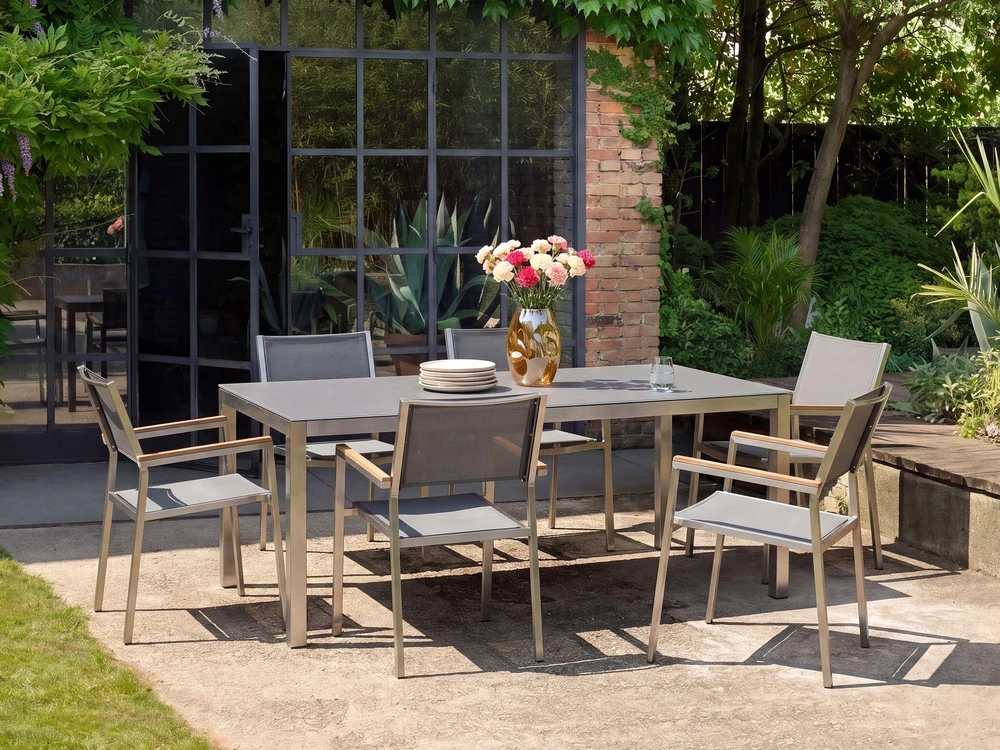 Beliani Sodo stalas GROSSETO 180 cm 90 cm poliruotas granitas pilkas