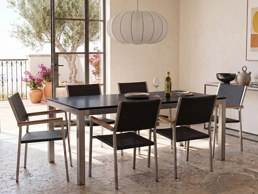 Beliani Sodo stalas GROSSETO 180 cm 90 cm Grūdintas stiklas Juodas