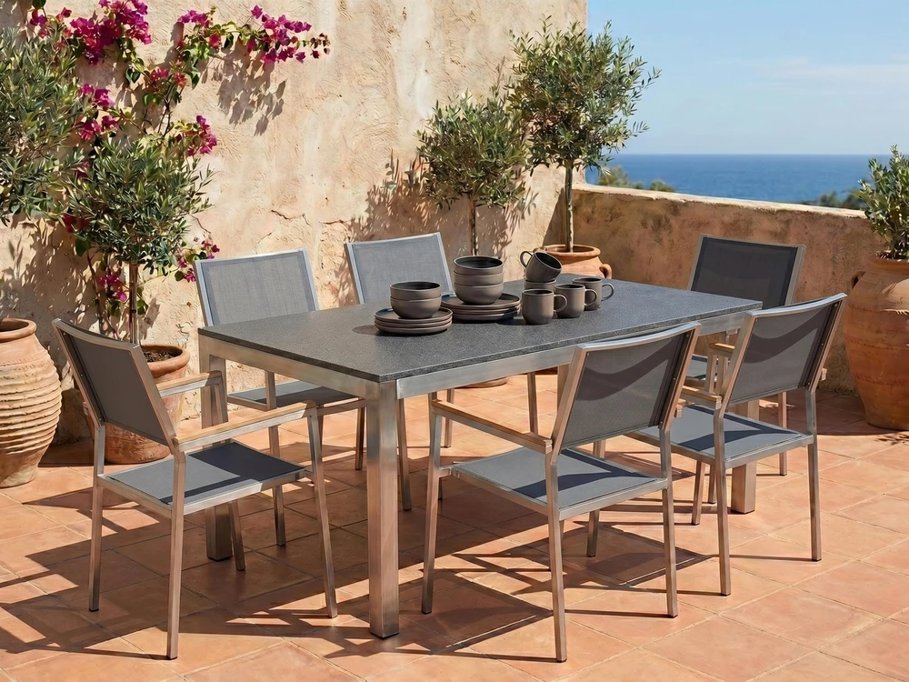 Beliani Sodo stalas GROSSETO 180 cm 90 cm poliruotas granitas pilkas