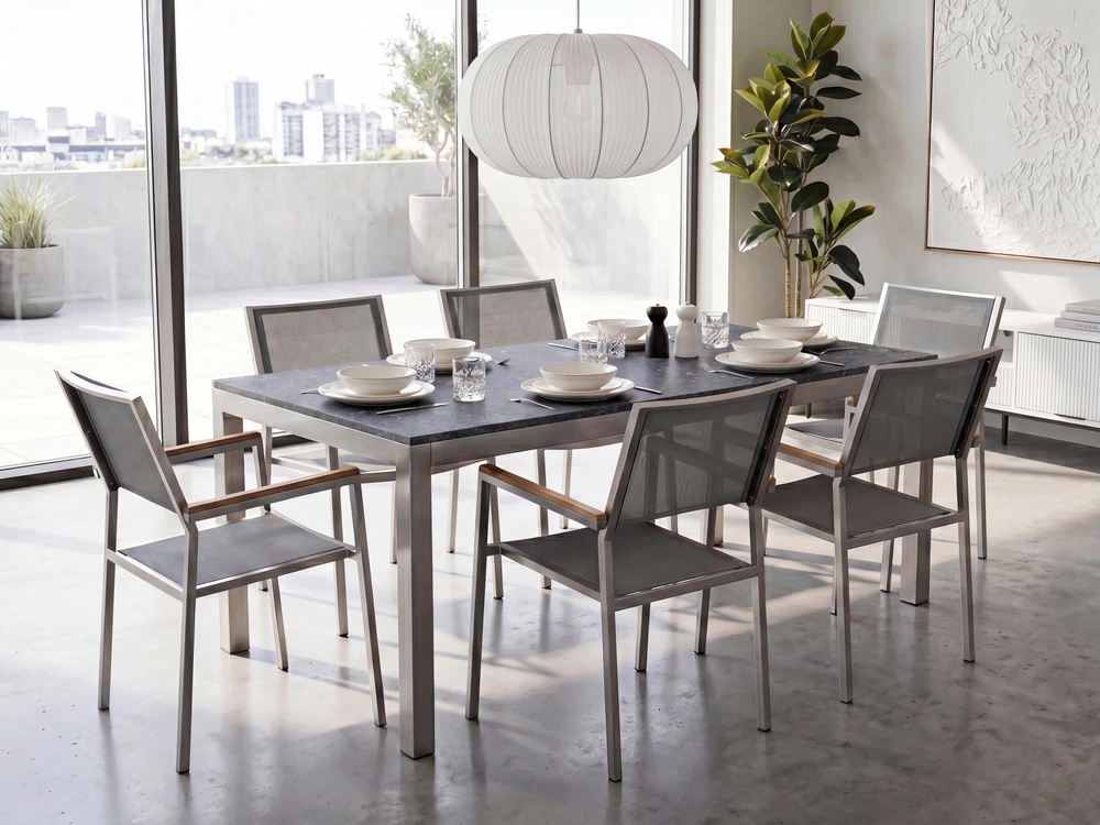 Beliani Sodo stalas GROSSETO 180 cm 90 cm poliruotas granitas pilkas