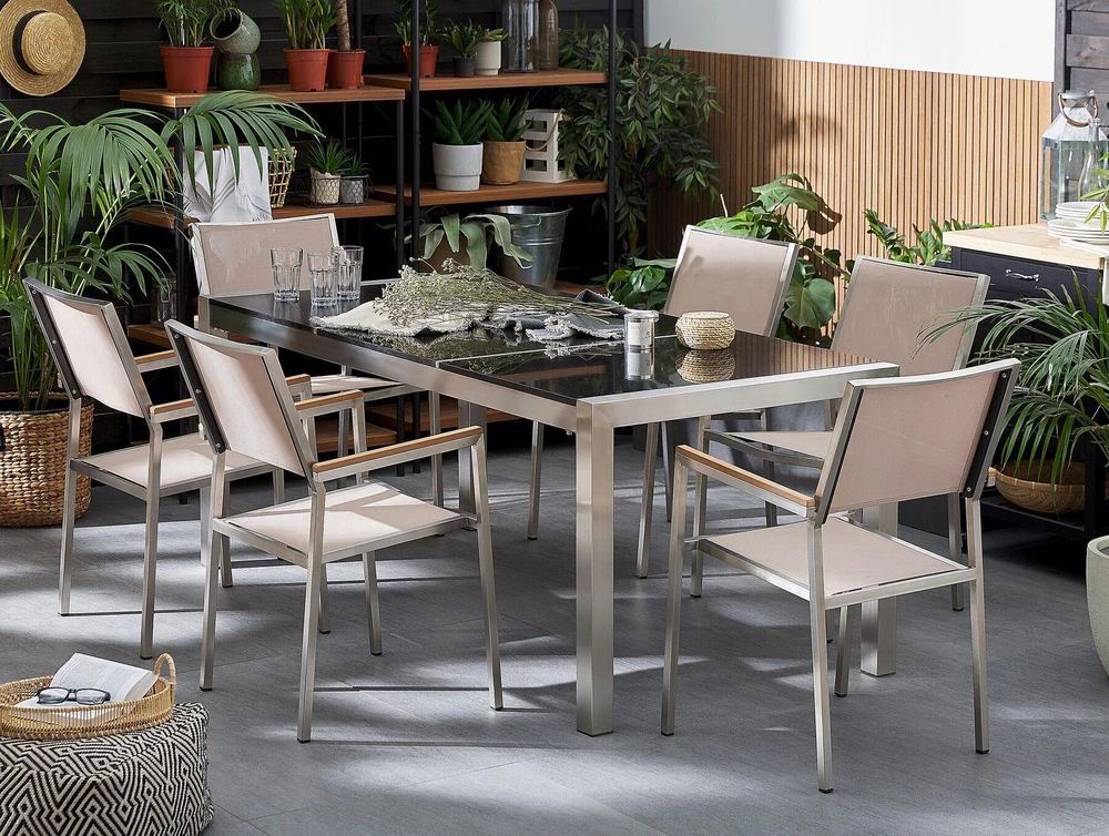 Beliani Sodo stalas GROSSETO 180 cm 90 cm poliruotas granitas, juodas