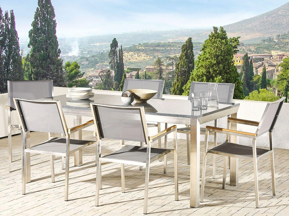 Beliani Sodo stalas GROSSETO 180 cm 90 cm poliruotas granitas pilkas