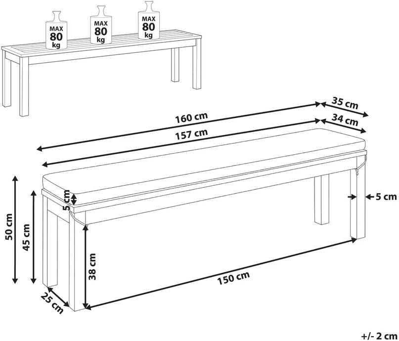 Beliani Sodo suolas su pagalvėle TUSCANIA 160 cm, eukalipto mediena, balkšvas