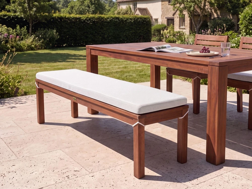 Beliani Sodo suolas su pagalvėle TUSCANIA 160 cm, eukalipto mediena, balkšvas