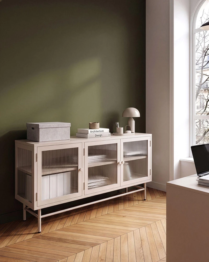 Beliani Spintelė su stiklinėmis durelėmis DEVON Metal 115 cm, smėlio spalvos