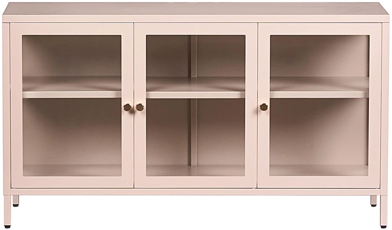 Beliani Spintelė su stiklinėmis durelėmis NEWPORT metalinė 115 cm smėlio spalvos
