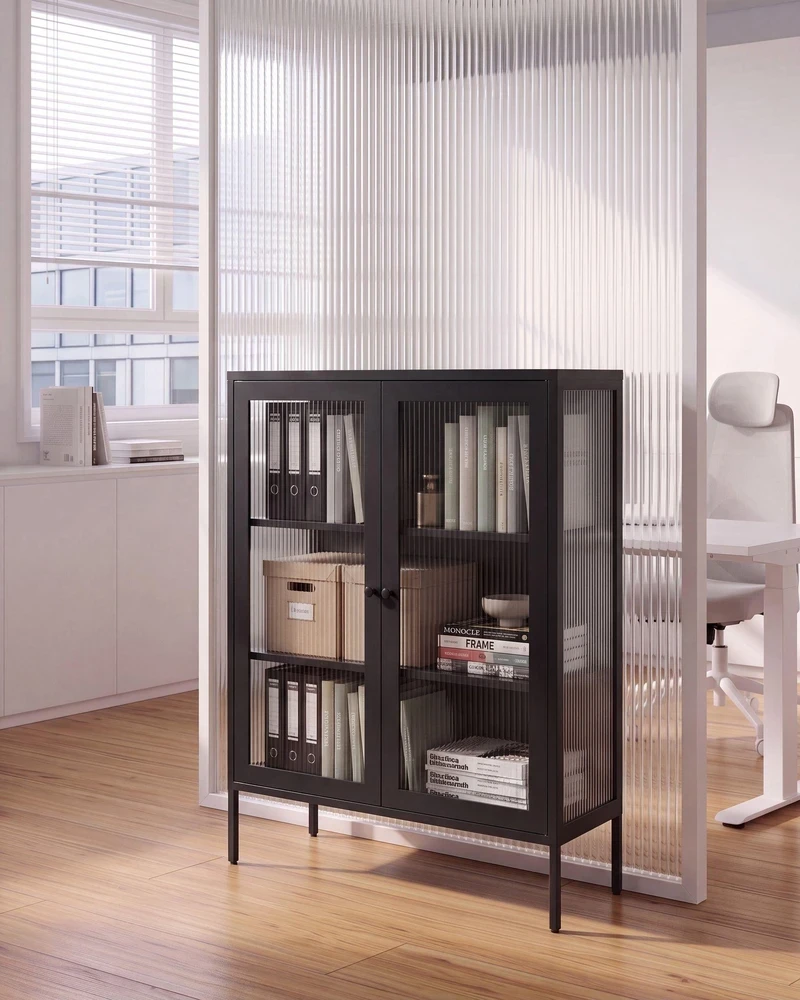 Beliani Spintelė su stiklinėmis durelėmis LERRYN Metal 90 cm juoda