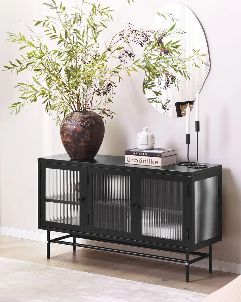 Beliani Spintelė su stiklinėmis durelėmis DEVON metalinė 115 cm, juoda