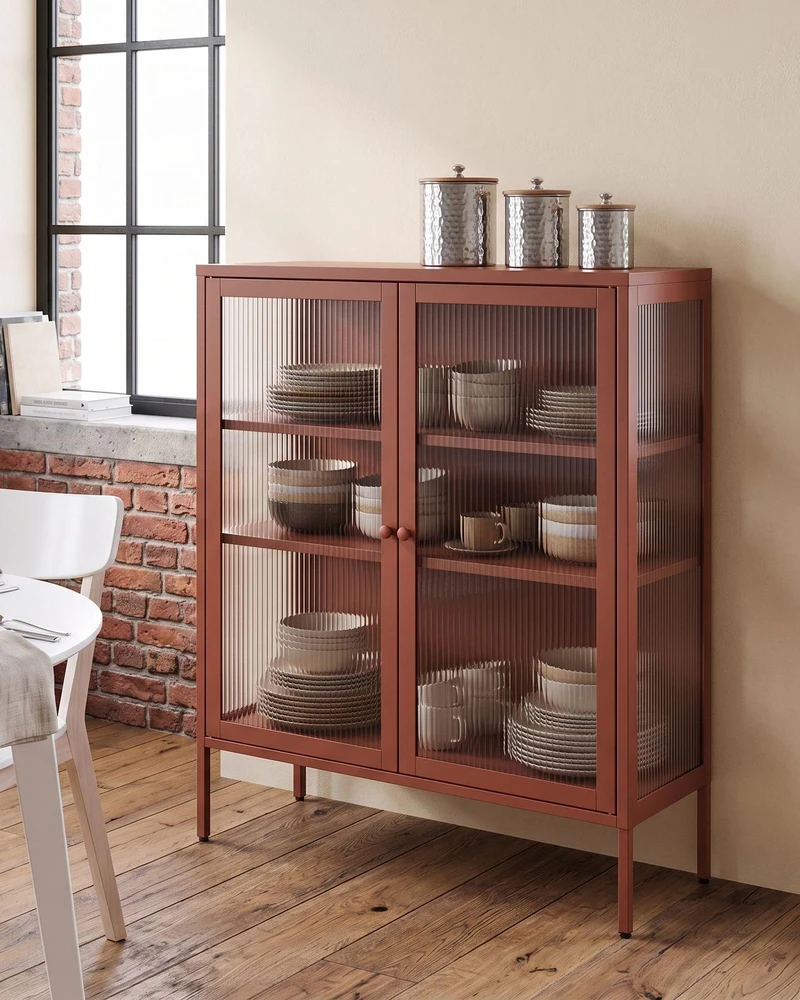 Beliani Spintelė su stiklinėmis durelėmis LERRYN metalinė 90 cm auksinės rudos spalvos