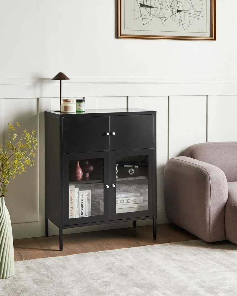 Beliani Spintelė su stiklinėmis durelėmis ESHOLT metalinė 80 cm juoda