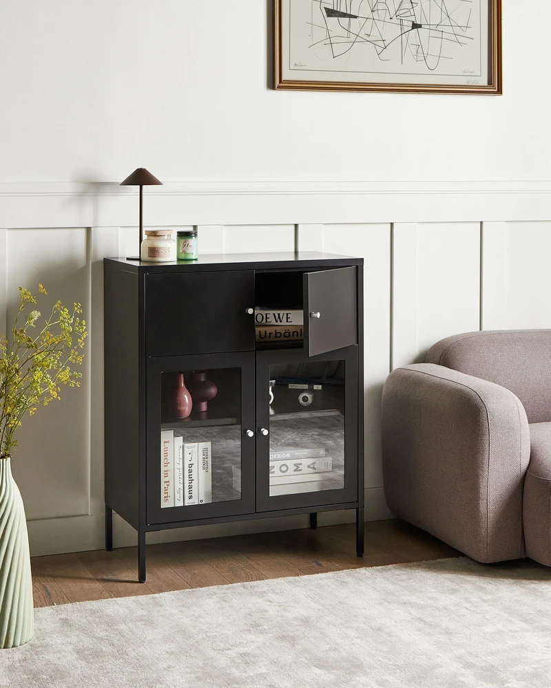 Beliani Spintelė su stiklinėmis durelėmis ESHOLT metalinė 80 cm juoda