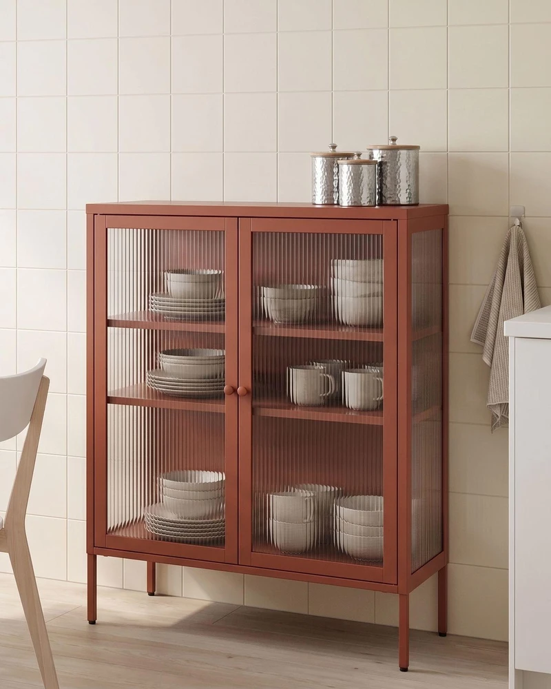 Beliani Spintelė su stiklinėmis durelėmis LERRYN metalinė 90 cm auksinės rudos spalvos