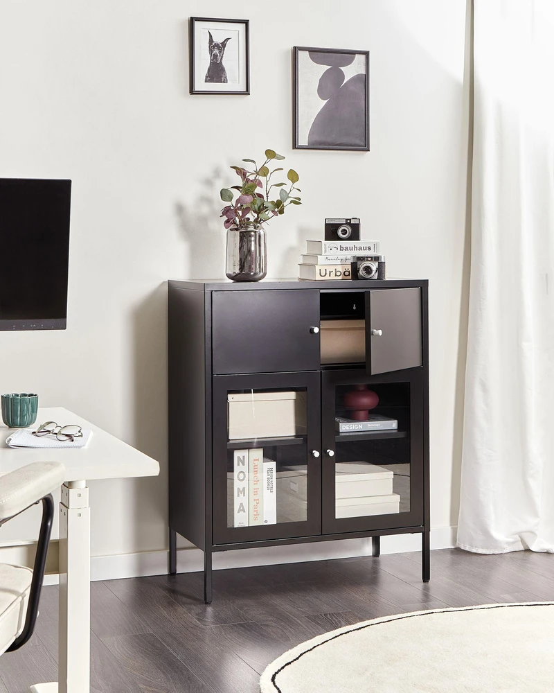 Beliani Spintelė su stiklinėmis durelėmis ESHOLT metalinė 80 cm juoda