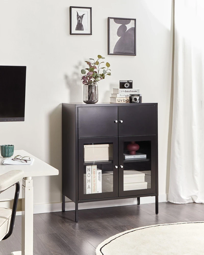 Beliani Spintelė su stiklinėmis durelėmis ESHOLT metalinė 80 cm juoda