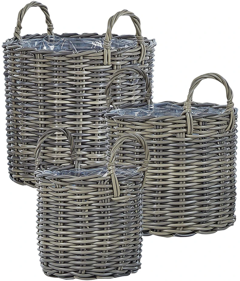 Beliani Trijų gėlių krepšelių rinkinys NIKITI 29/35/40 cm smėlio ir pilkos spalvos technorotangas