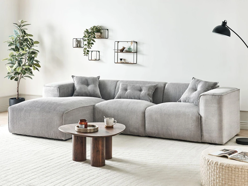 Beliani Trijų vietų kampinė sofa DOLVA, velvetas, šviesiai pilka, dešininė