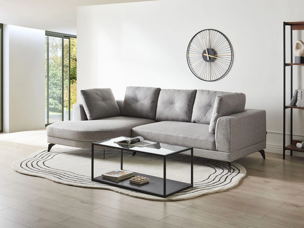 Beliani Trijų vietų kampinė sofa MARUM, sintetinis linas, pilka, dešininė