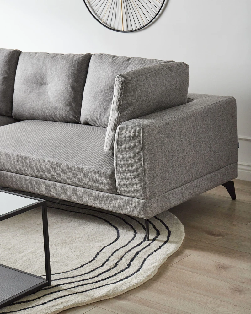 Beliani Trijų vietų kampinė sofa MARUM, sintetinis linas, pilka, dešininė
