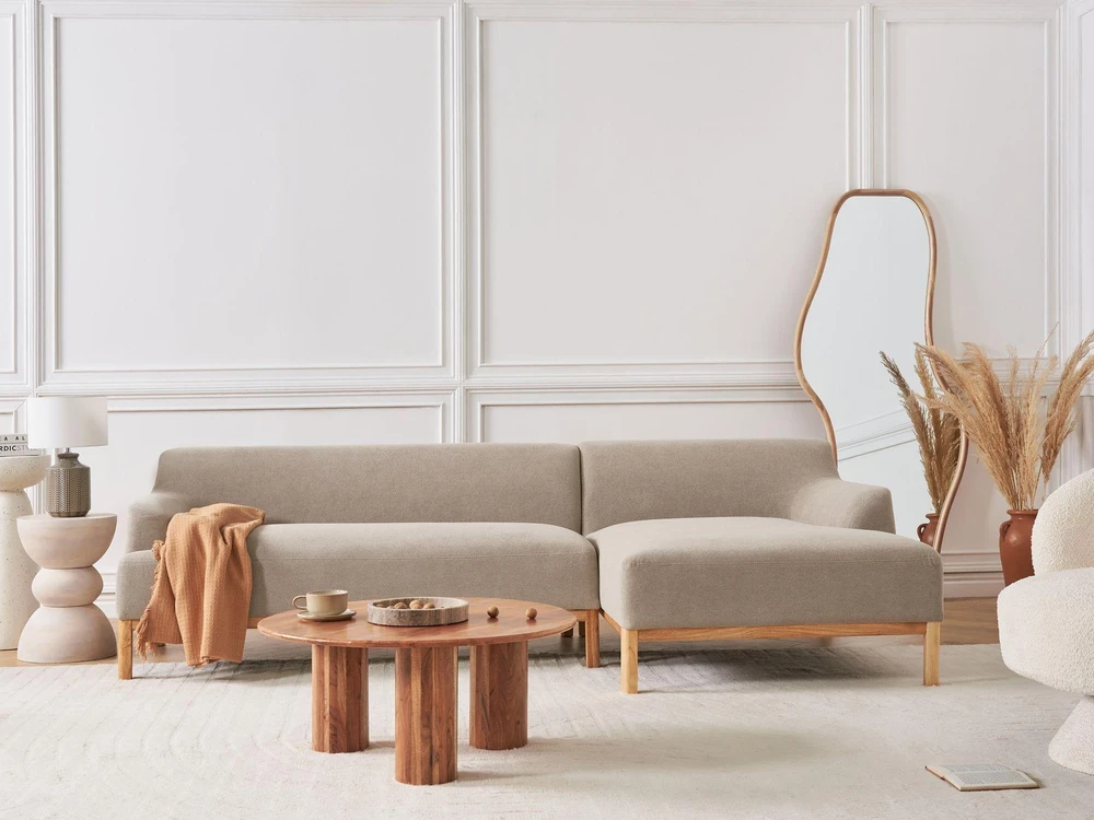 Beliani Trijų vietų kampinė sofa SOSJO, smėlio ir pilkos spalvos, kairinė