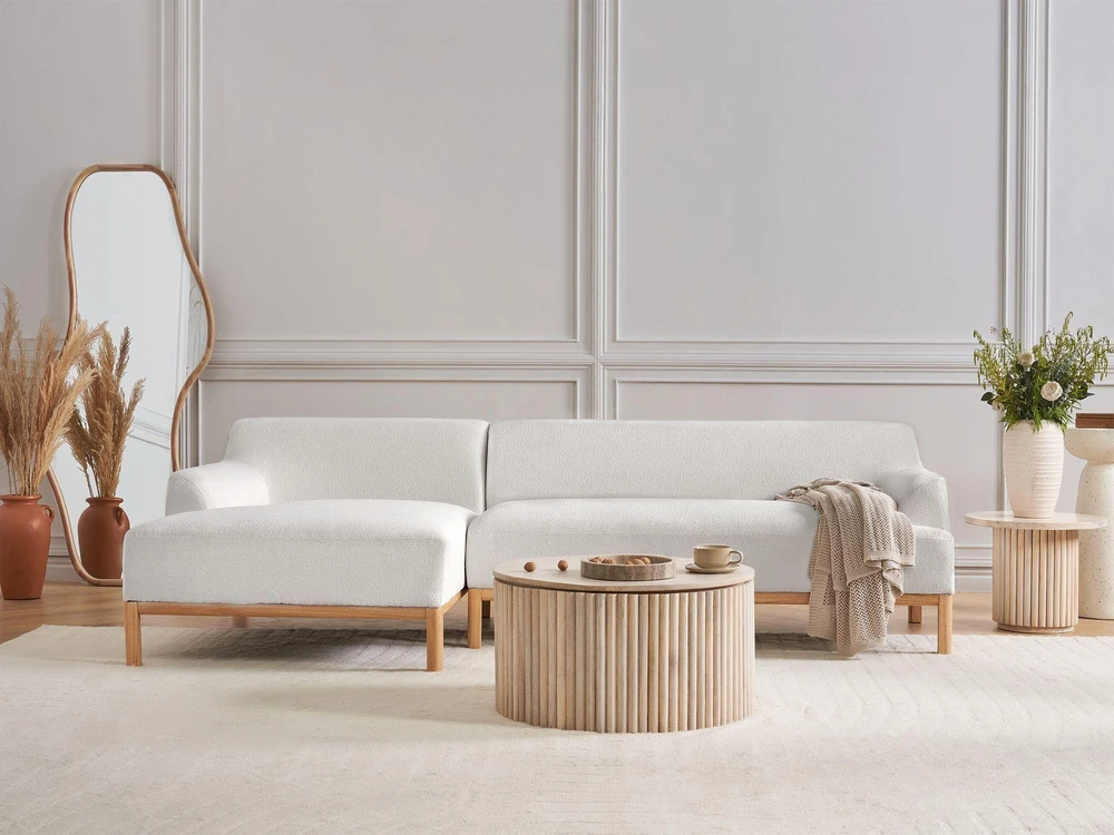 Beliani Trijų vietų kampinė sofa SOSJO, boucle audinys, balta, dešininė