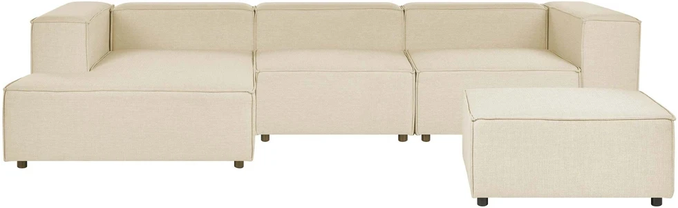 Beliani Trijų vietų modulinė kampinė sofa APRICA, sintetinio lino audinys, smėlio spalvos, su dešinine otomane