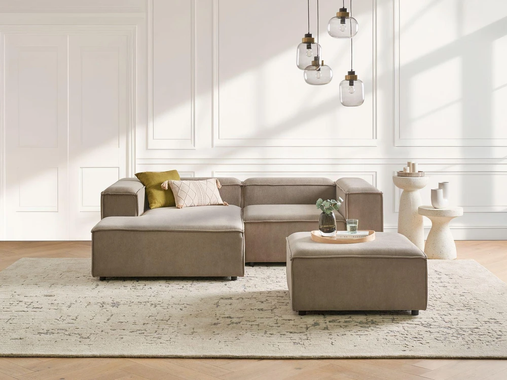 Beliani Trijų vietų modulinė kampinė sofa ARDAL dešininė, šviesiai ruda, velvetas su otomanu