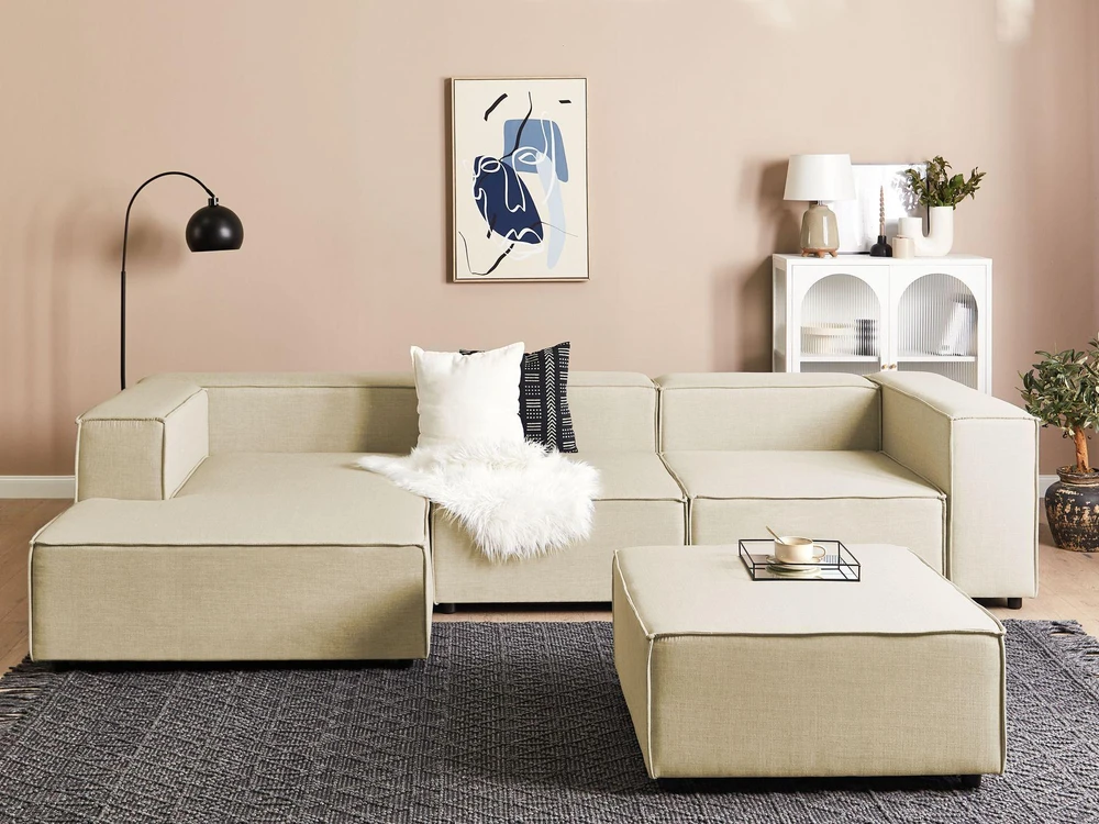Beliani Trijų vietų modulinė kampinė sofa APRICA, sintetinio lino audinys, smėlio spalvos, su dešinine otomane
