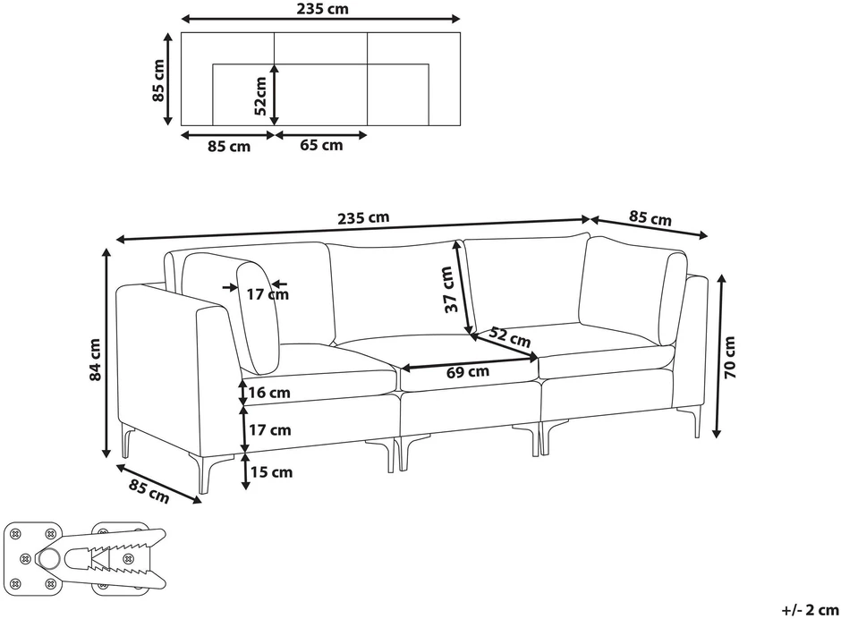 Beliani Trijų vietų modulinė sofa EVJA pilkas veliūras