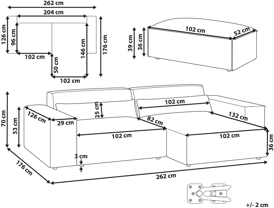 Beliani Trijų vietų modulinė sofa HELLNAR kairinė, pilka su otomane