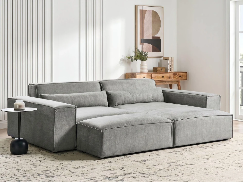 Beliani Trijų vietų modulinė sofa HELLNAR kairinė, pilka su otomane