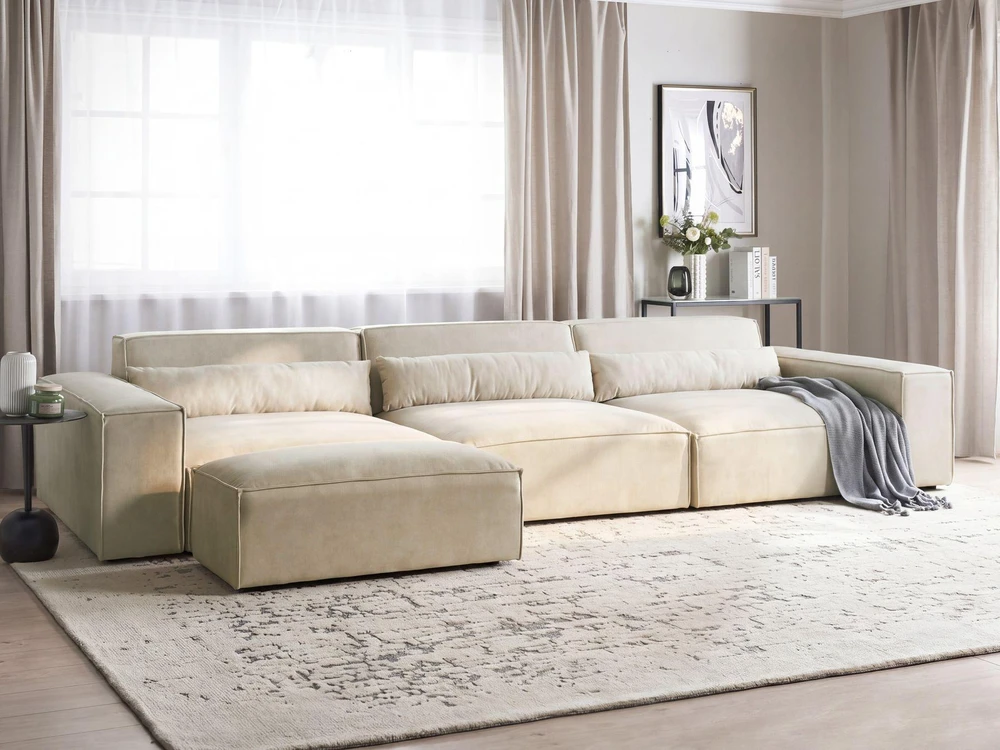 Beliani Trijų vietų modulinė sofa HELLNAR su pufu, veliūrinė, šviesiai smėlinė
